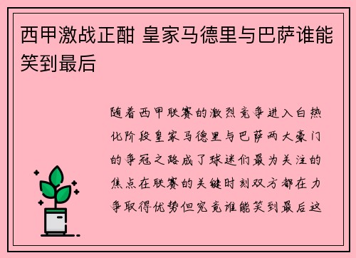 西甲激战正酣 皇家马德里与巴萨谁能笑到最后